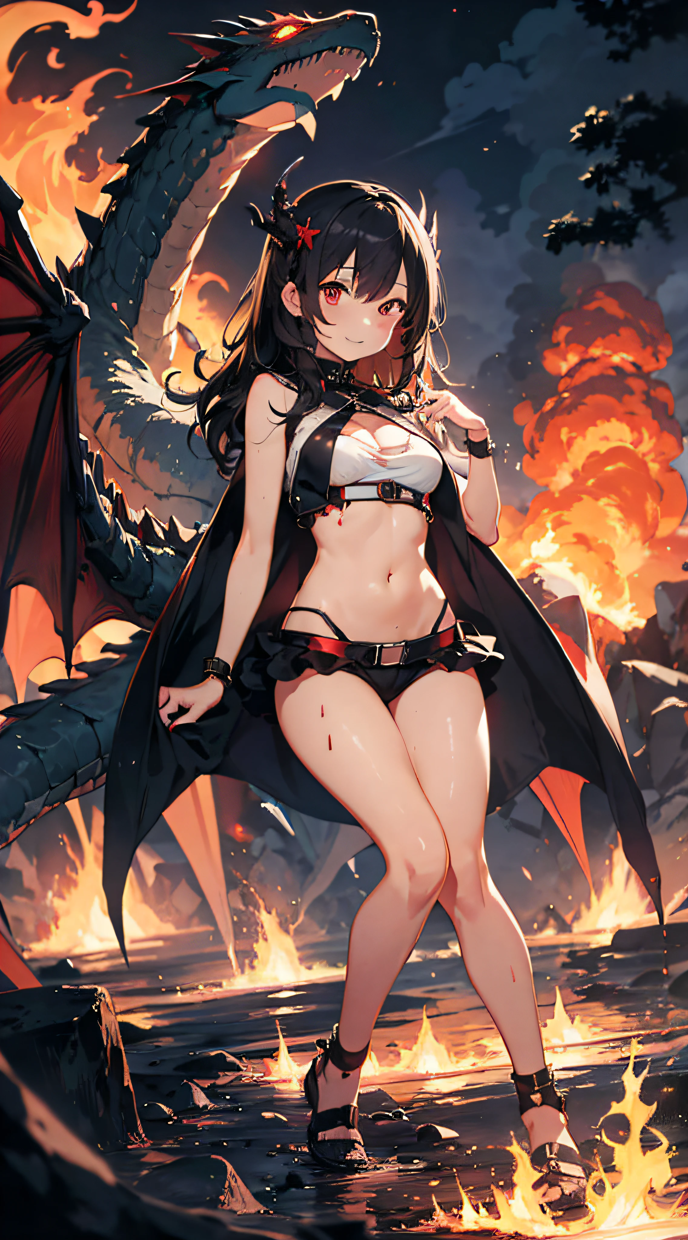(Masterpiece:1.2), (Top Quality, Best Quality, official arts, Beautiful), (1girl), extremely detail, fantastic art, highest detail, R1GE, The girl bathed in a lake of blood, next to her fire dragon, pretty face, (full - body), Evil smile, long red wavy hair, wet hair, Hair brooch in the shape of fire, glowing tattoo on chest, (volcano eruption, burning red flame in the background), Emotional Eyes, 1 girl, ((ripped_The clothes)), epic atmosphere, PerfectEyes, Long, dragon, GlowingRunes_, Long, Cruel_design, dragon, no man_humans, medium plan