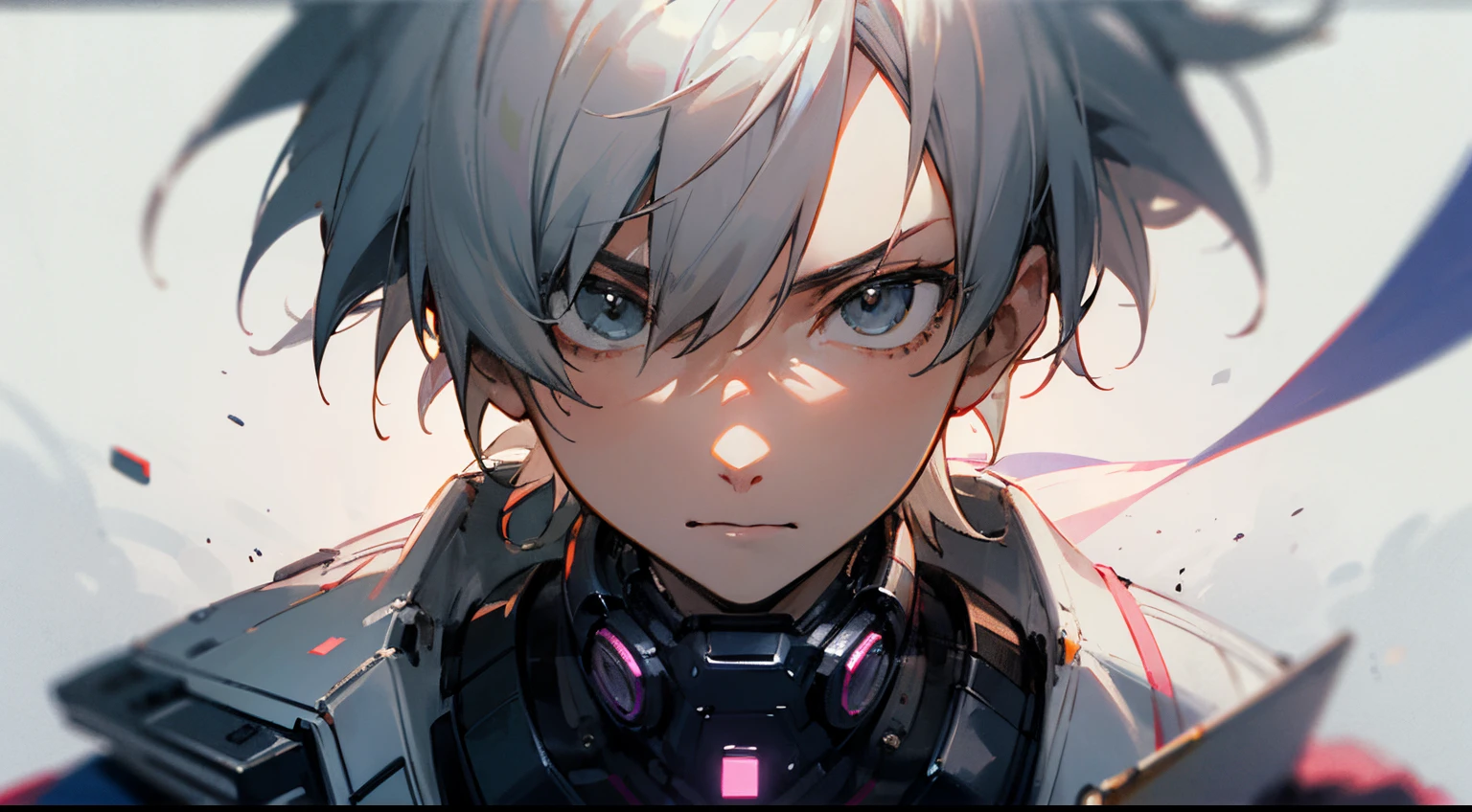 ((Best Quality)), ((masutepiece)), Perfect face, cyberpunked, Gray-haired young man, Near future, Cool, Leaning to the right