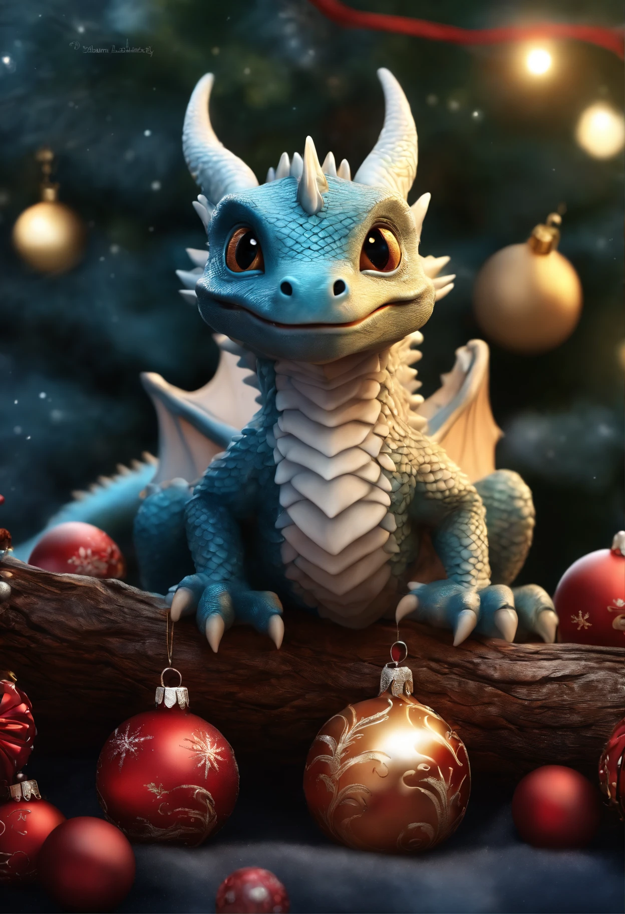 There is a little dragon, a little dragon stands by the Christmas tree, little dragon hangs balls on the Christmas tree, gifts near the tree., little dragon in the winter forest near the Christmas tree, hung with crystal glowing balls, realistic fantasy illustration, Cute little snow dragon, by Adam Marczyński, Author: Kerembeyit, hyperrealistic fantasy art, adorable digital painting, Portrait of a Dragon, baby dragon portrait, Laszlo Balog, realistic fantasy painting, dragon art