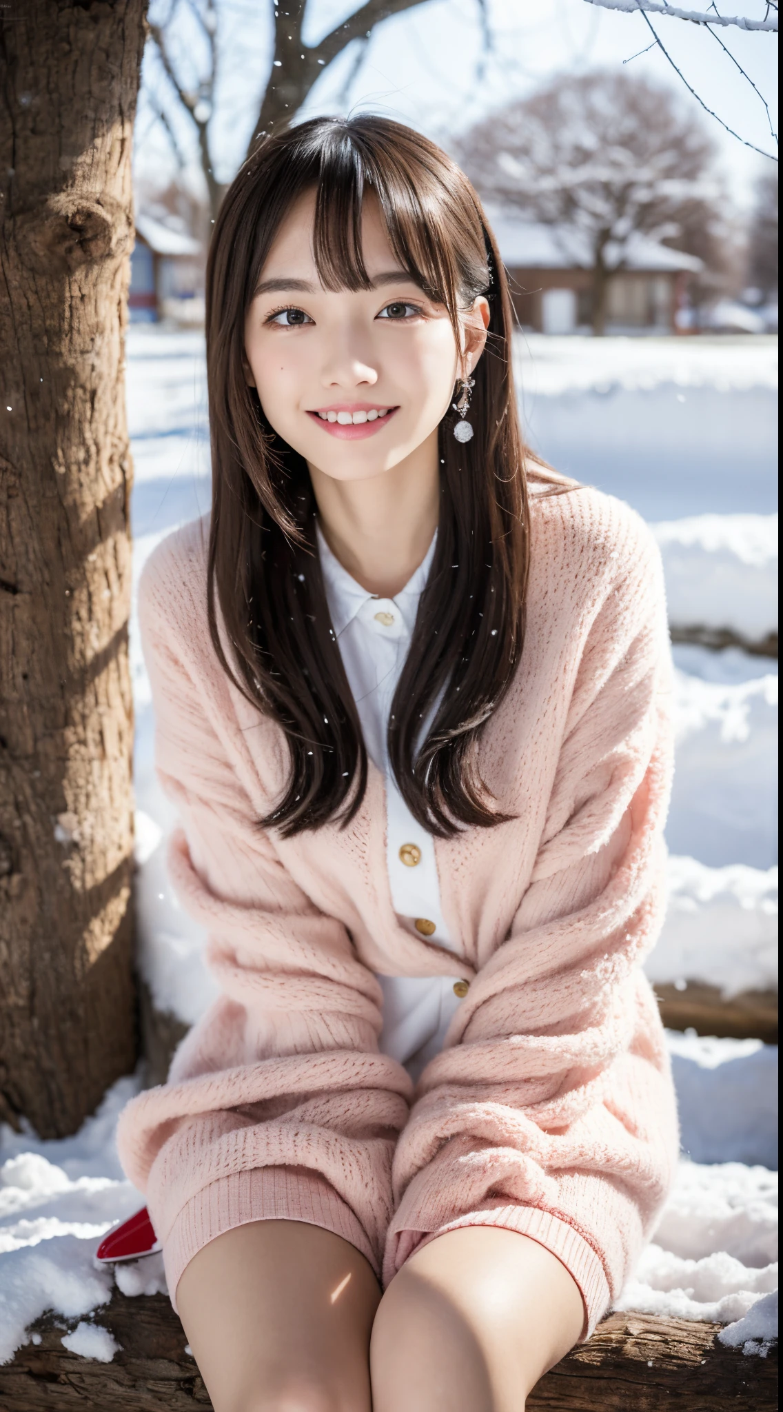ulzzang -6500-v1.1, (Raw photo:1.2), (Photorealistic:1.4), Beautiful detailed girl, Very detailed eyes and face, Beautiful detailed eyes, Ridiculous, Incredibly ridiculous, Huge file size, super detailed, High resolution, Very detailed, Best Quality, masutepiece, Kemomimi, ((Japan Girls Winter Wear )), Illustration, Very detailed, nffsw, unified, 8K Wallpaper, amazing, Fine details, masutepiece, Best Quality, Highly detailed ticker uniform 8k wallpaper, Light on Face, Cinematic lighting, 1girl in, , lightsmile, Full body, sitting on a rotten tree,((Dynamic Pose)), Snow and winter background, Playing in the snow, snowball,