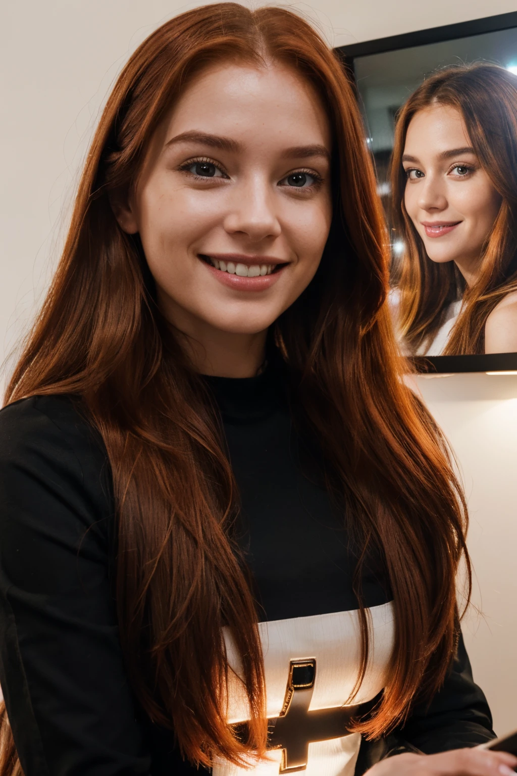 A radiant smile illuminates the face of the AI influencer, with long red hair, Ultra high definition images of our digital AI influencer, smiling as she interacts with modern technology in her home.