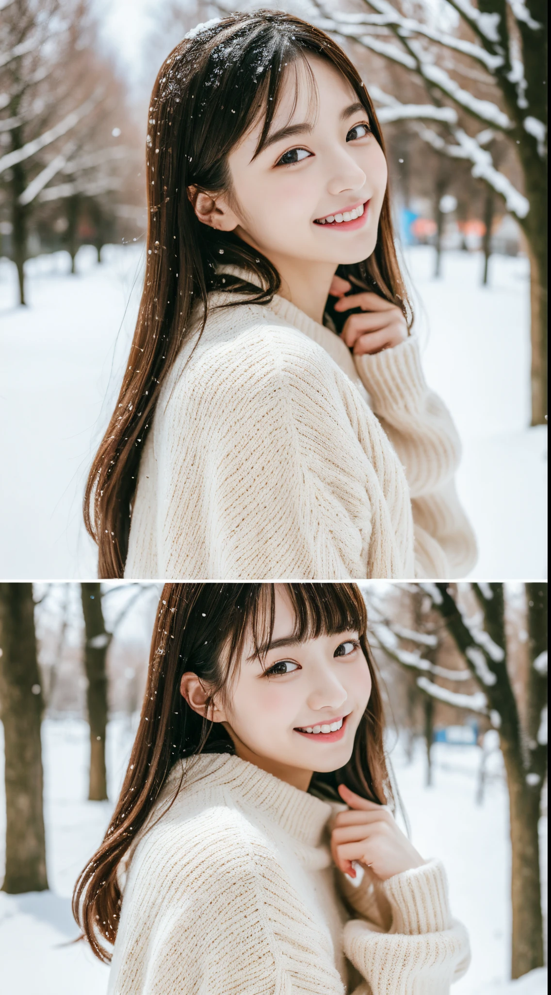 ulzzang -6500-v1.1, (Raw photo:1.2), (Photorealistic:1.4), Beautiful detailed girl, Very detailed eyes and face, Beautiful detailed eyes, Ridiculous, Incredibly ridiculous, Huge file size, super detailed, High resolution, Very detailed, Best Quality, masutepiece, Kemomimi, ((Japan Girls Winter Wear )), Illustration, Very detailed, nffsw, unified, 8K Wallpaper, amazing, Fine details, masutepiece, Best Quality, Highly detailed ticker uniform 8k wallpaper, Light on Face, Cinematic lighting, 1girl in, 16 years old, lightsmile, Full body, sitting on a rotten tree,((Dynamic Pose)), Snow and winter background, Playing in the snow, snowball,