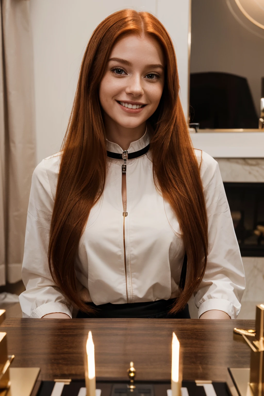 A radiant smile illuminates the face of the AI influencer, with long red hair, Ultra high definition images of our digital AI influencer, smiling as she interacts with modern technology in her home.