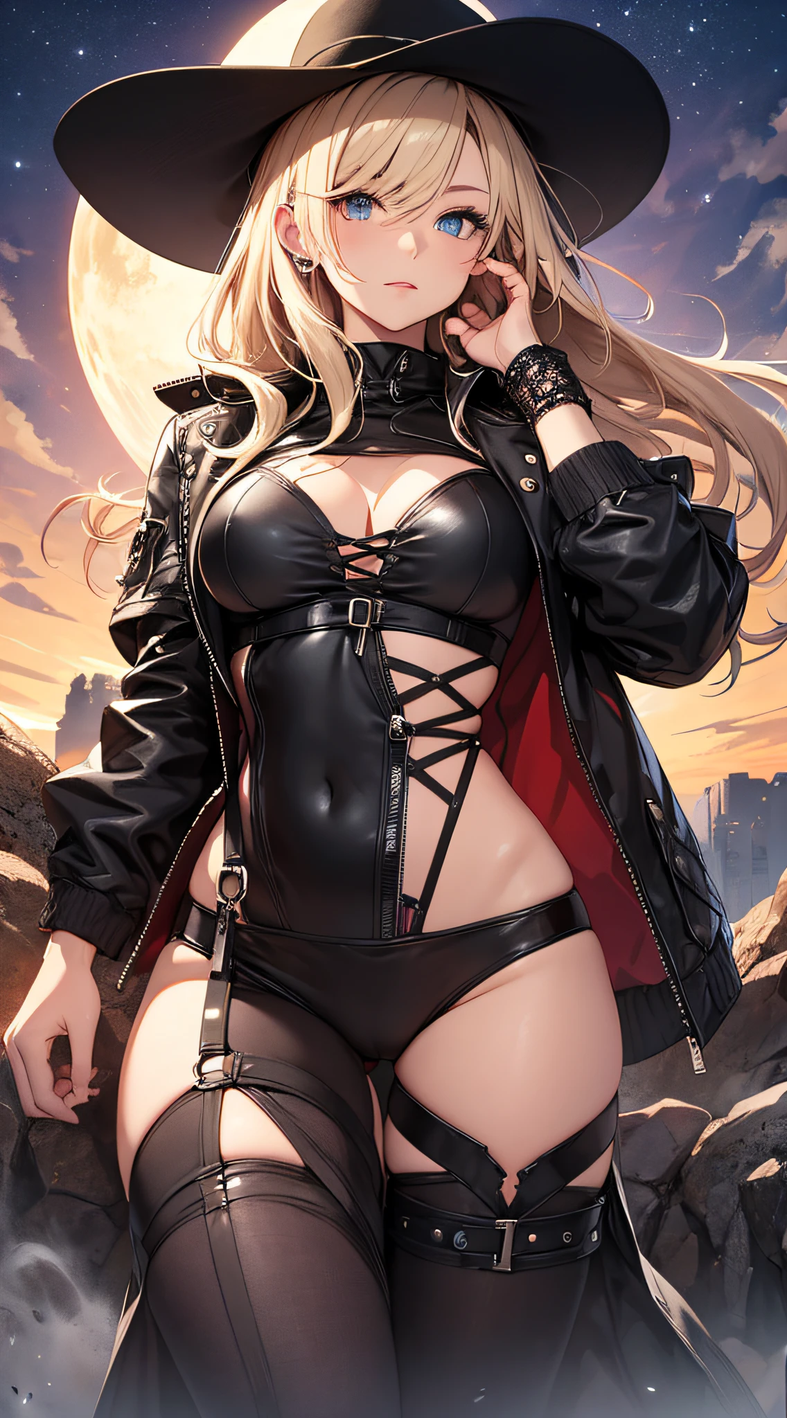 top-quality、Top image quality、​masterpiece、Teenage girl((Black coat、Black Leather Sports Bra、shine of black leather、black leather long pants、western hat、18year old、 Ager、Best Bust、big bast,Beautiful light blue eyes, Long Blonde Hair、A slender,Large valleys、Reflecting the whole body、With revolver、fighting poses)),hiquality、Beautiful Art、Background with((A desert、glowing sun、demon realm))​masterpiece、depth of fields,Japan Anime Style