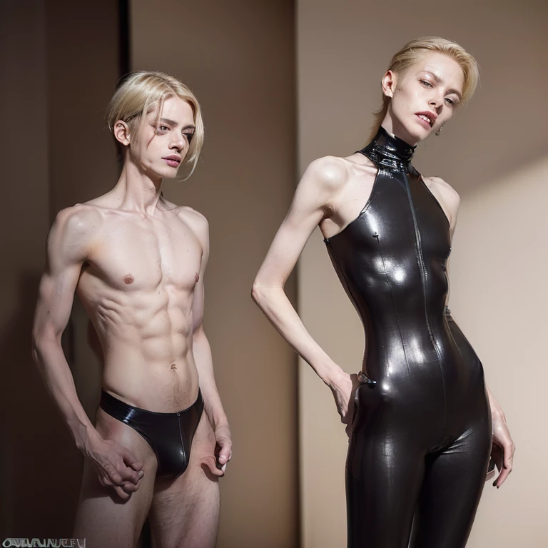(masterpiece, best quality, dreamlike, hyperrealistic, 4k:1.35), (1boy, Doctor Nefarious is ageless tall lean androgynous male cyborg, blonde, a disturbing blend of flesh and cybernetics, his beautiful avid eyes and the toothy smile across his long thin face betray exceptional wicked genius, his fingers are long, nervous and nimble, his lithe body is clad in a sleek skintight bodysuit complimenting his frail shoulders, flat narrow chest, soft belly and the cute tiny bulge between his slender thighs, he is quite a nerdy geek with weak stomach, technomage, transhumanist, depraved queer, kinky sadist:1.5)