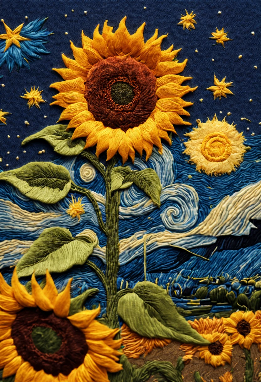 by van gogh, starry sky, sunflower, (embroidery circle, 3d framed embroidery, macro detailed stitching, intricate fabric texture), needle embroidery, Needlepoint, fantasy art, whimsical, intricate, (best quality, masterpiece, Representative work, official art, Professional, unity 8k wallpaper:1.3)