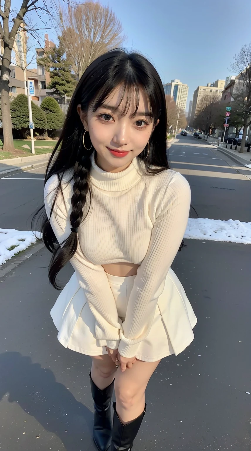 25 year old female, black long curly hair、through bangs、White skinny turtleneck sweater, fluffy、a skirt, Small shawl、Medium milk, cute smiling face、(Put your hands behind you)、(slalom)、Sexy buttocks、red high heel pumps、Park with lake、A sexy pose、Sexy lace，choker necklace、ear nipple ring、Full body photo