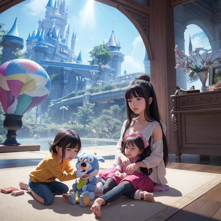 there are two girls sitting on the floor with a stuffed animal, Disney fotorrealista, Ross Tran 8 K, disney render, No estilo de Ross Tran, Arte infantil em Artstation, beautiful render of a fairytale, in style of disney animation, Disney Pixar 8K foto, Disney foto realista, Estilo anime 3D realista, Ross Tran e Makoto Shinkai