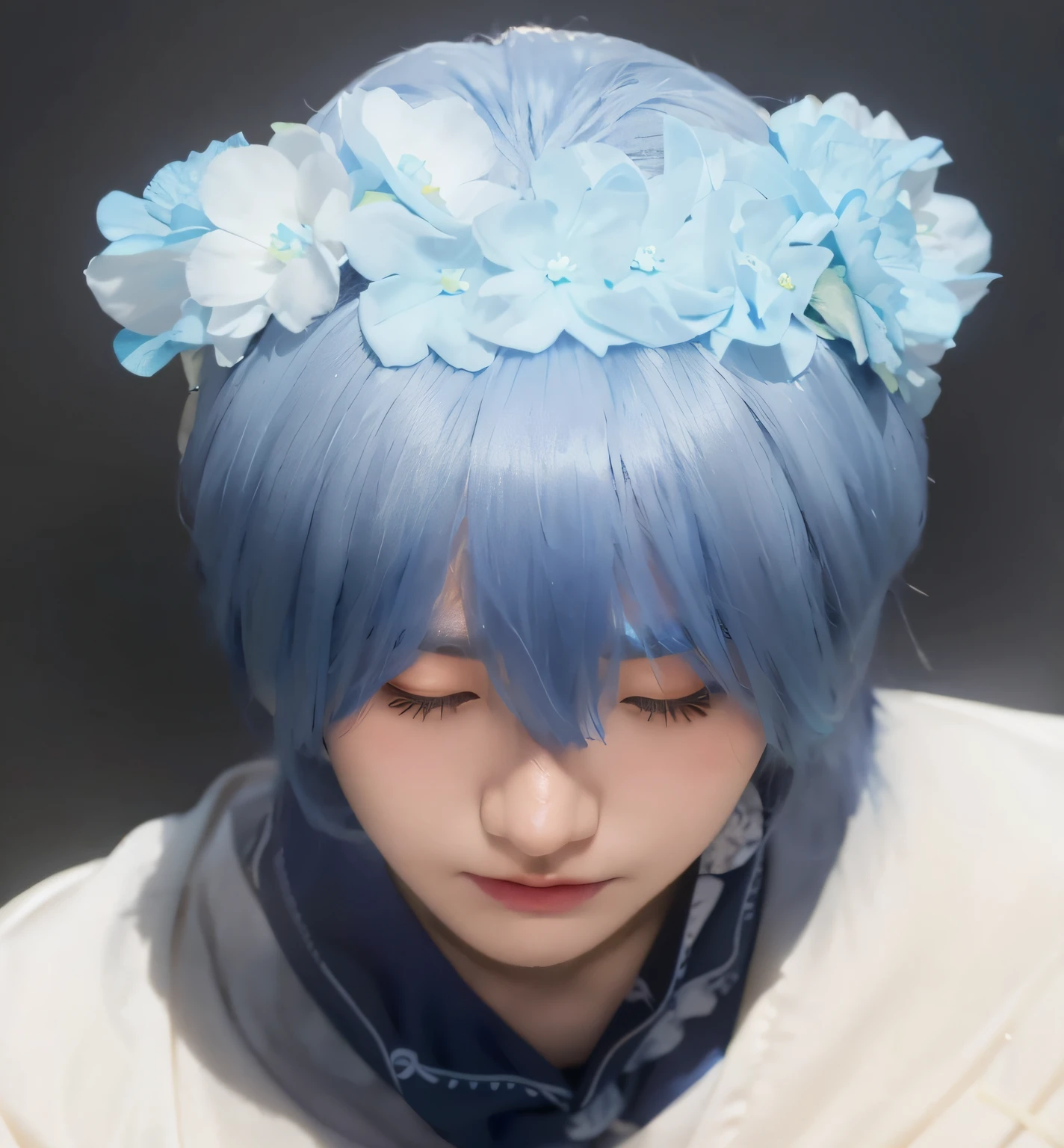A blue-haired one、man wearing blue flower crown, Blue-white hair,flower headpiece, 8K portrait rendering, coronation of the flower prince, toplight