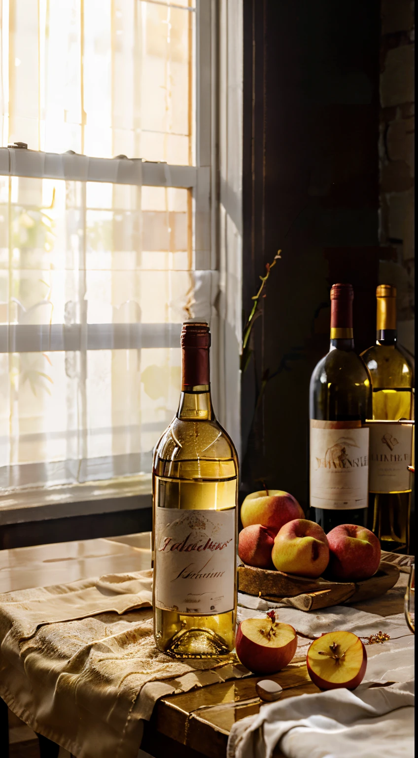 There is a bottle of white wine on the table、Apples and peaches, Napkins and wine glasses,  Window lighting , Background curtains, Still life impasto painting , Deep dark background, white wine label,