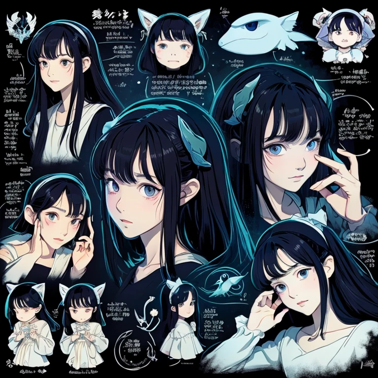 Ghibli style、girls medium length、A dark-haired、character sheet angle々，3 age old，childish、Mystical，Farbe々Pose、expressioness