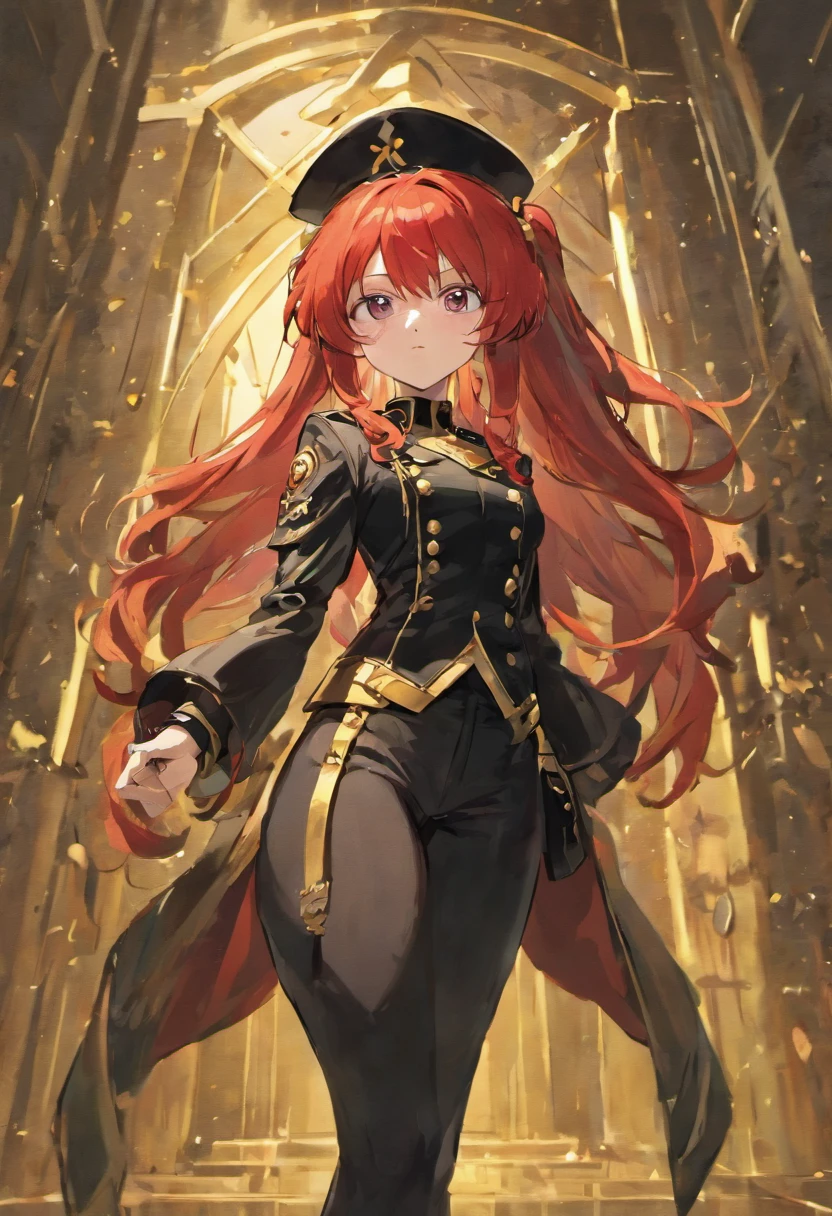 girl, long red hair, captain, black uniform, full body, black pants, gold rank insignia, long black boots, captain's hat