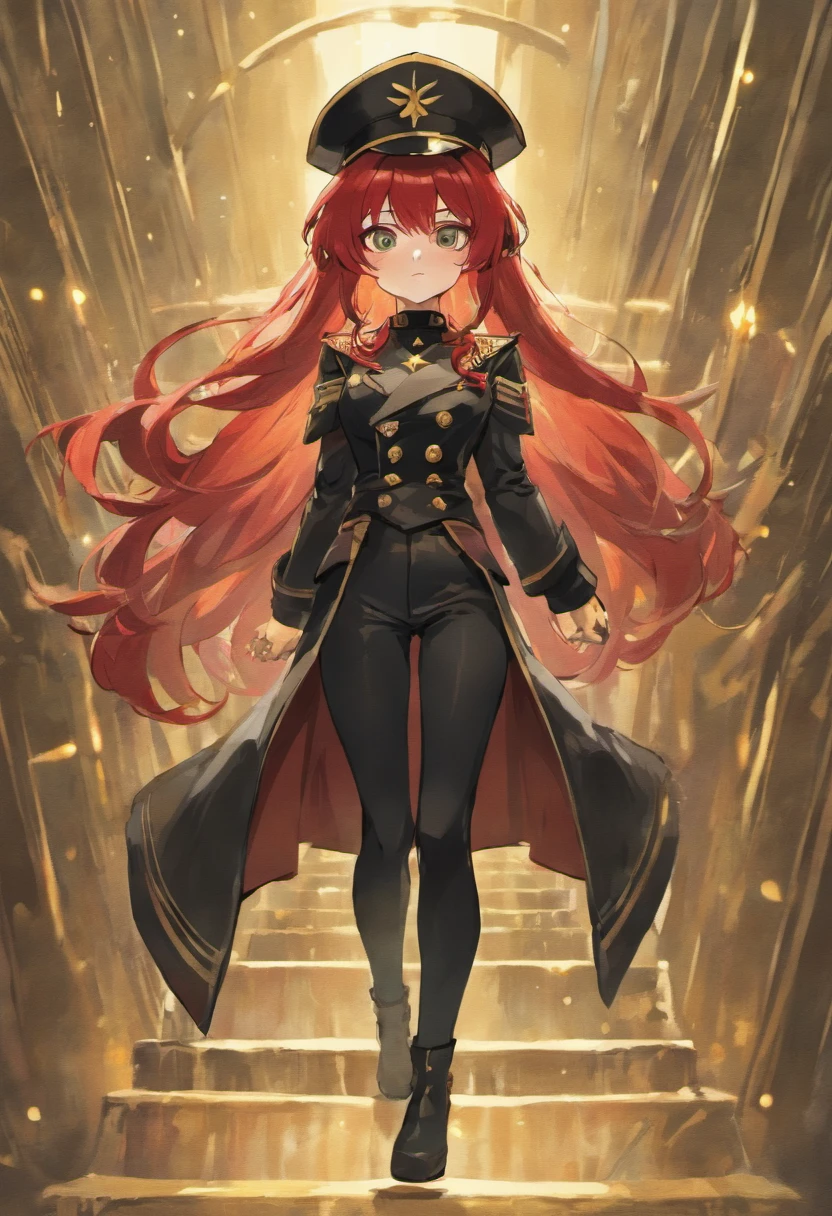 girl, long red hair, captain, black uniform, full body, black pants, gold rank insignia, long black boots, captain's hat