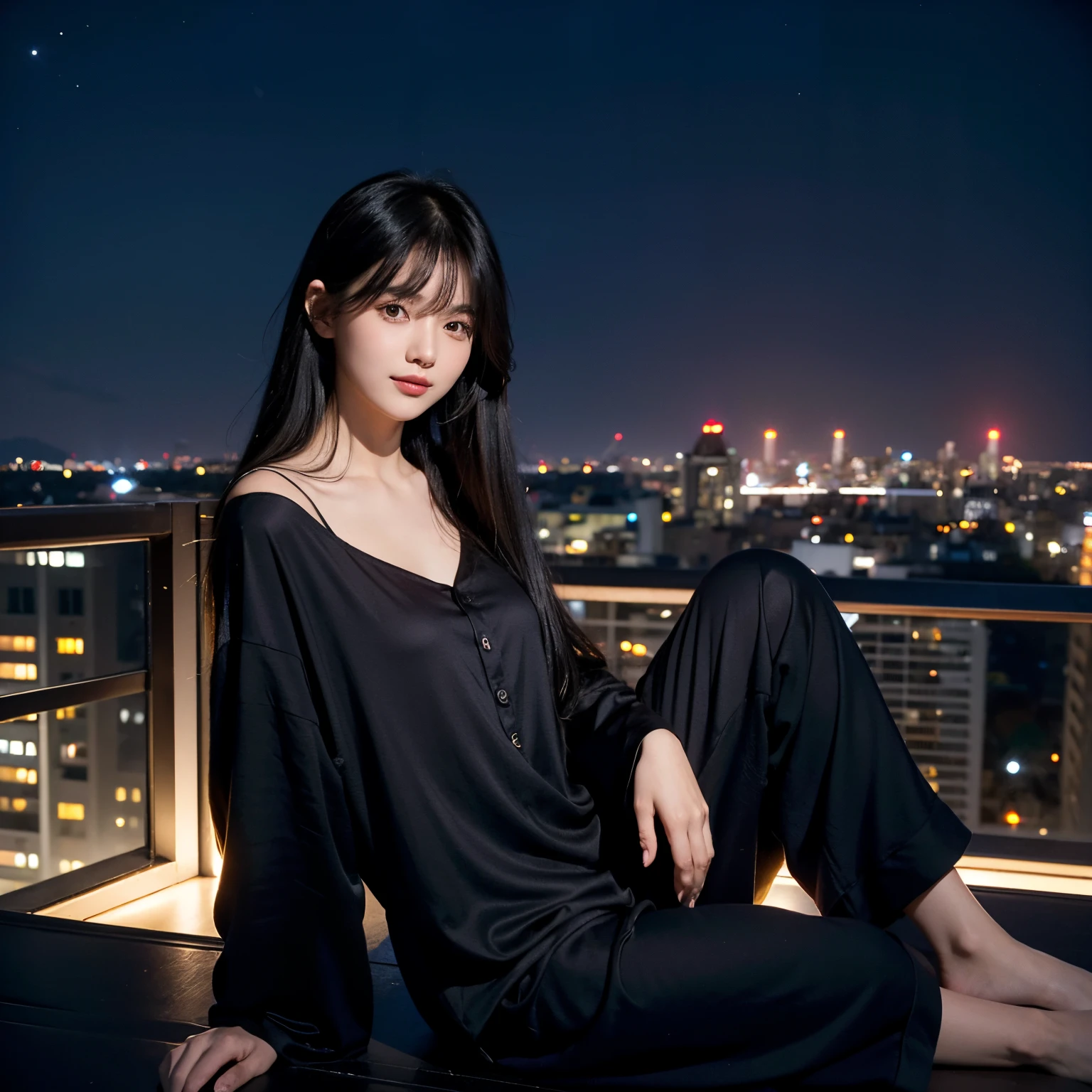 20years old, Long black hair, loose hair, bangs on her head, Brown eyes, small chest,Night pajamas, night pants, black pajamas, sitting on the roof of a two-story residential building, night city,little smile, looking straight,right angle,even lighting