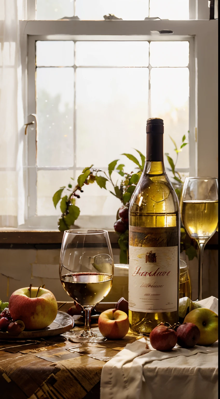 There is a bottle of white wine on the table、Apples and peaches, Napkins and wine glasses,  Window lighting , Background curtains, Still life impasto painting , Deep dark background, white wine label,