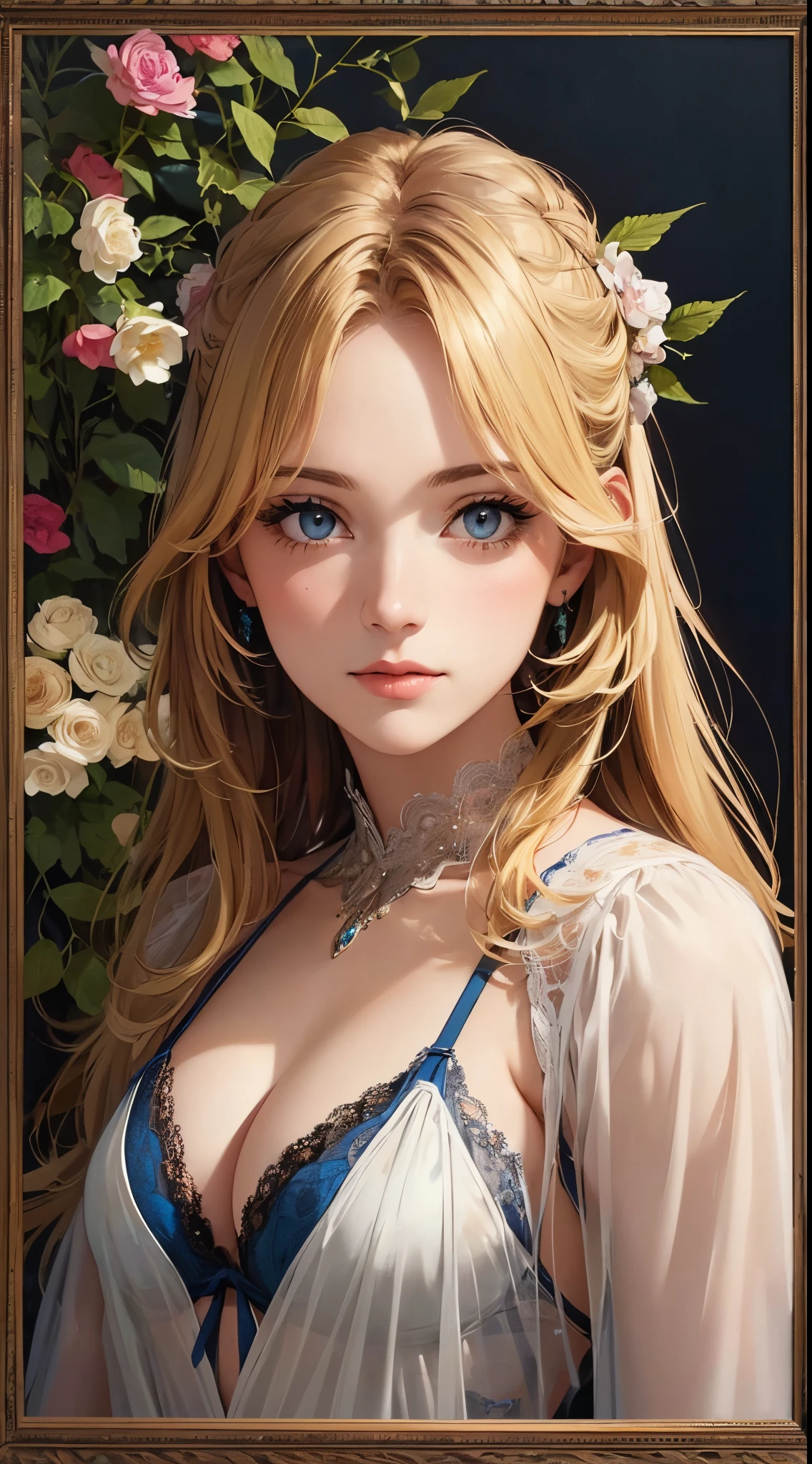 Portrait of a European woman's face, with long coiled hair, blonde with blue eyes, Flower frame, Decorative panels, Abstract, author:An Alphonse Mucha's (tmasterpiece, Best quality, A high resolution: 1.4), Detailed pubic hair, Complicated details, 4K, splash of color, line art, Fibonacci, wear lingerie