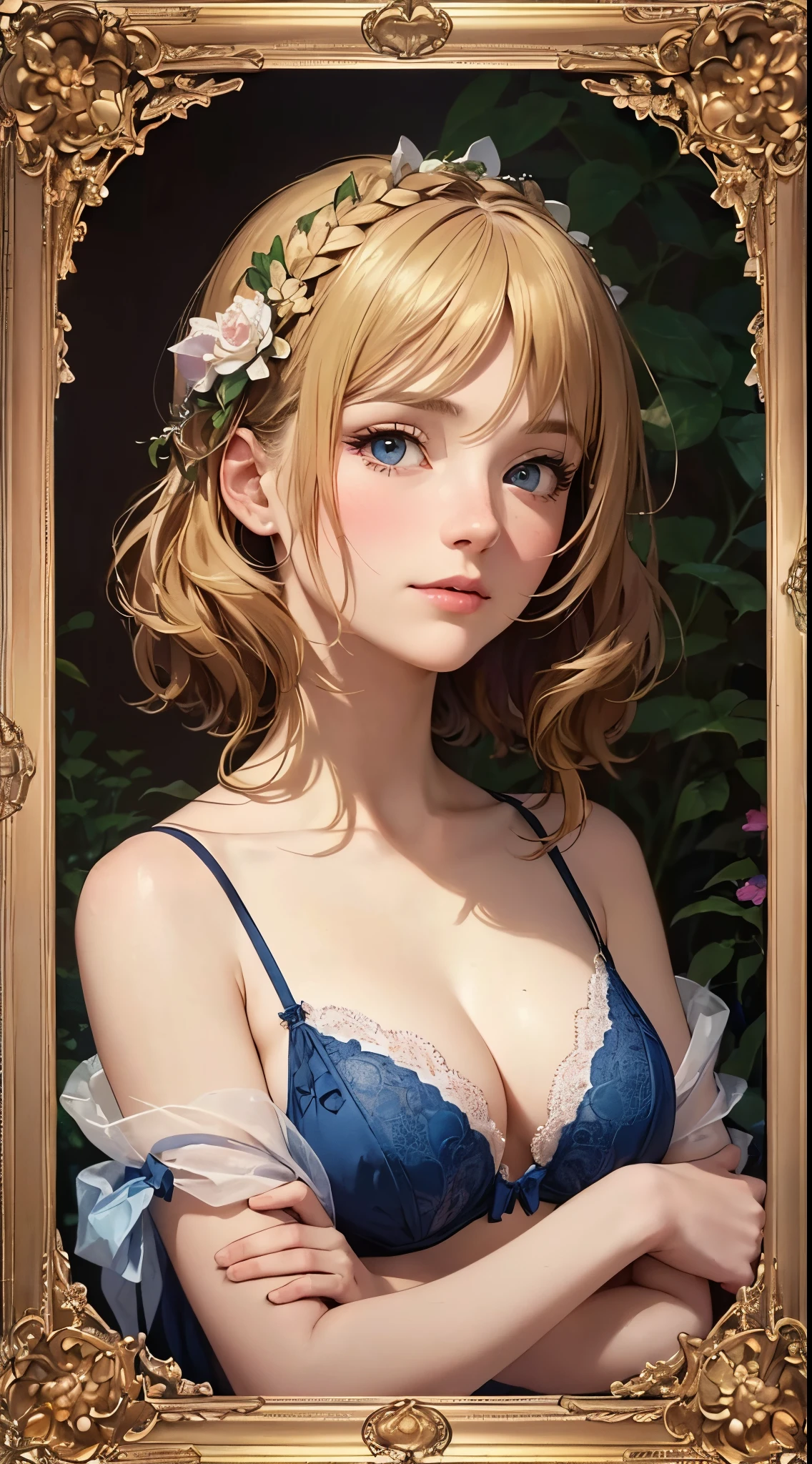 Portrait of a European woman's face, with long coiled hair, blonde with blue eyes, Flower frame, Decorative panels, Abstract, author:An Alphonse Mucha's (tmasterpiece, Best quality, A high resolution: 1.4), Detailed pubic hair, Complicated details, 4K, splash of color, line art, Fibonacci, wear lingerie