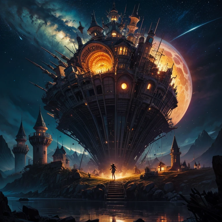 1 alien-like, biomechanical castle, Howl's Moving Castle inspiration, steampunk with extraterrestrial twist, living, breathing structure, tentacle-like appendages, glowing energy cores, surreal environment, starry night backdrop, mysterious, otherworldly presence