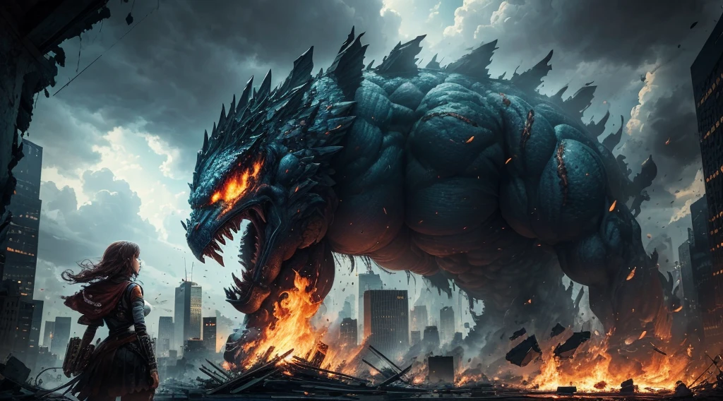 (in 8K, RAW Photos, top-quality, masterpiece:1.2), (realisitic, Photorealsitic:1.37), ultra-detailliert, high resolution, Beautiful with a gigantic monster in tow in devastated Newyork, A Beautiful girl who controls a monster, A Beautiful girl and a monster destroy the city, looking at viewer, Huge Monster, terrified expression,building crumbling, Burning flame, stunningly beautiful face, dynamic ungle