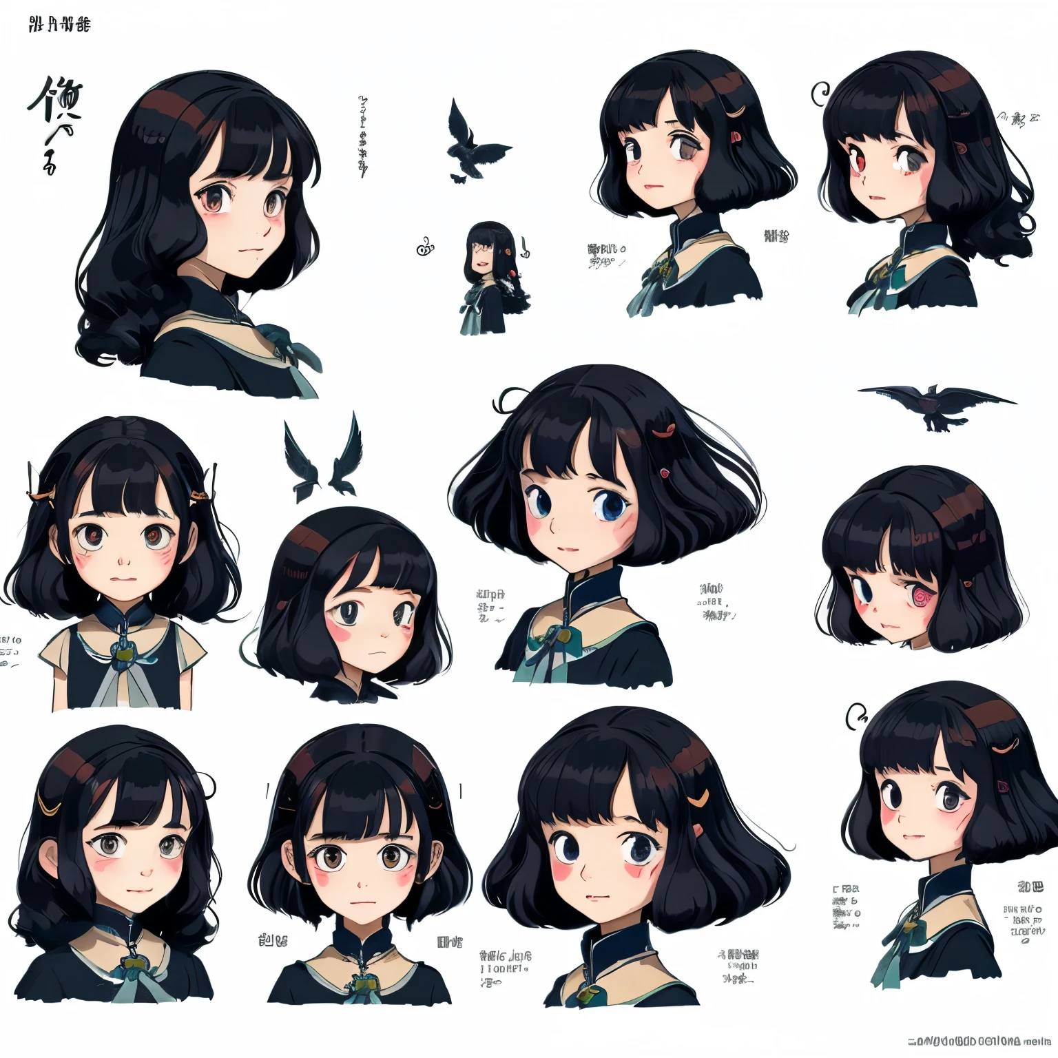 Ghibli style、girls medium length、A dark-haired、character sheet angle々，3 ，childish、mystical