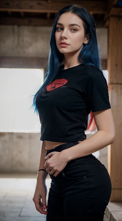 A very beautiful white girl with medium height wearing red black shoes with black mom style black pants with a narrow waist and beautiful breasts size 80 and a long blue t-shirt with a beautiful jaw angle and Beautiful lips and blade-like nose and red eyes and blue hair
