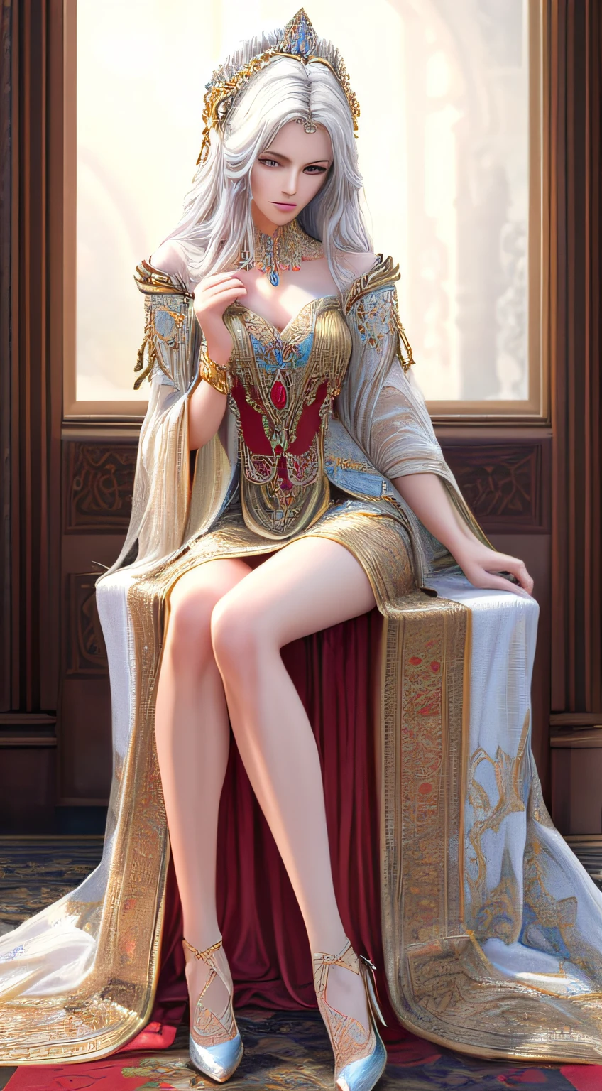 (Best quality at best,4K,8K,A high resolution,tmasterpiece:1.2),ultra - detailed,(actual,realisticlying,Photorealistic:1.37),美丽细致的眼睛,Gentle gaze,s the perfect face,Long white hair,gentle and beautiful girl,Perfect leg shape,proporções perfeitas,continuous,Silk-like exquisite and perfect clothing,high-heels,rich background,Detailed pubic hair,Exquisite,Intricately detailed costumes and backgrounds,exquisite facial features,Perfect craftsmanship,Wear fine jewelry,Wear elaborate headdresses