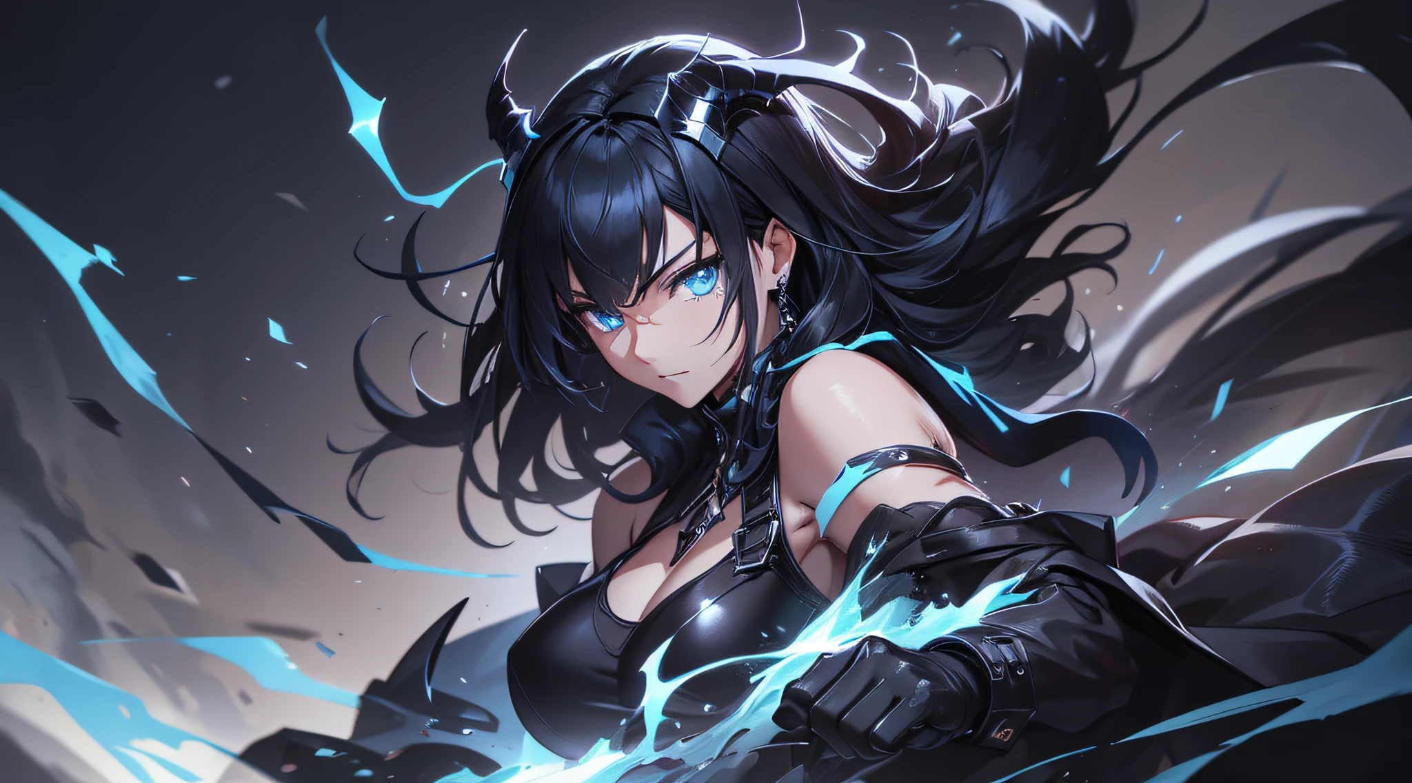 Highest quality、Highest quality、Masterpiece、girl((Age 25、as soon as、Highest Bust、Medium Bust、Wide open chest、Red glowing eyes、Black Ear、Red Mesh、Disheveled Hair、Loincloth、thin、The best valley、Open chest、Luminous Wristbands、hair ornaments、Full body view、Tank top、Black ninja costume、scar、Full body scar、Fighting Pose,Japanese sword、A little muscular、Blue aura、Watery eye、Tears))、high quality、Beautiful Art、background((night、Ninja World,volcano))、flight、Flying Debris、Depth of text、movie、Visual Arts、Perfect Art、8K、Genuine、