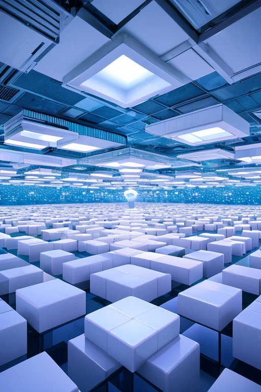 a room filled with lots of white cubes, a digital rendering, by Jon Coffelt, tumblr, cubo-futurism, iridescent fractal, cyber mushroom city, floating crystals, infinite quantum waves