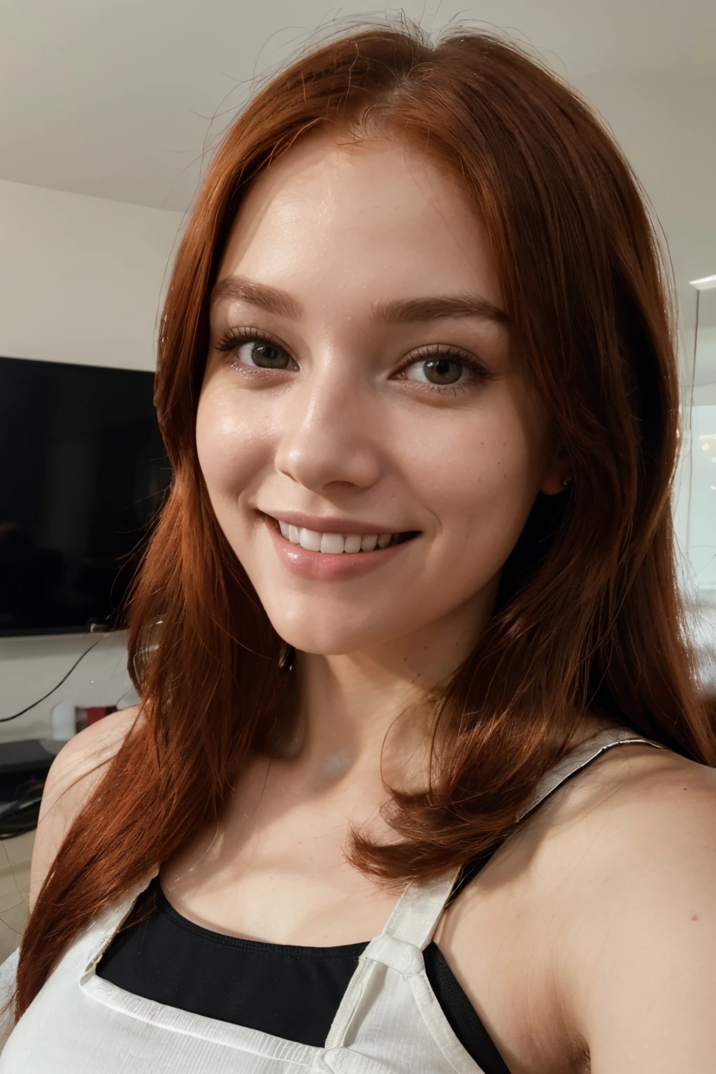 A radiant smile illuminates the face of the AI influencer, with long red hair, Ultra high definition images of our digital AI influencer, smiling as she interacts with modern technology in her home.