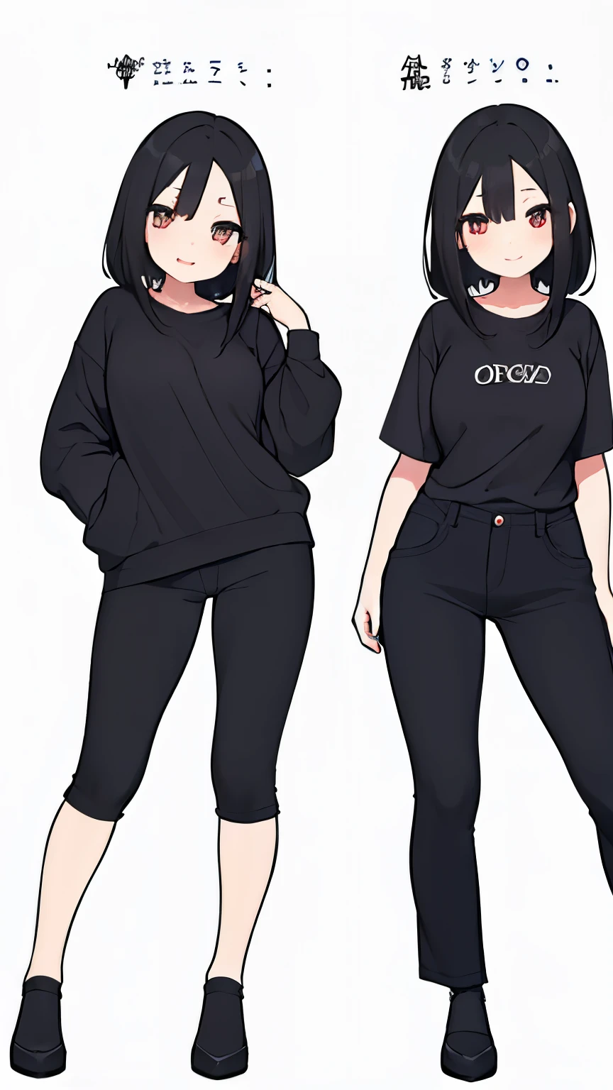 One girl with black hair, hair length until bust, straight hair, hair parted in center of head, round face. hairstyle with a center part, that the hair should be parted down the middle, creating a symmetrical look without any frontal hair covering the forehead. Looking straight. Looking straight at viewers. Smiling. Happy. Wearing casual shirt. Straight pose. Frontal view. Standing. Standing facing viewer. Full body