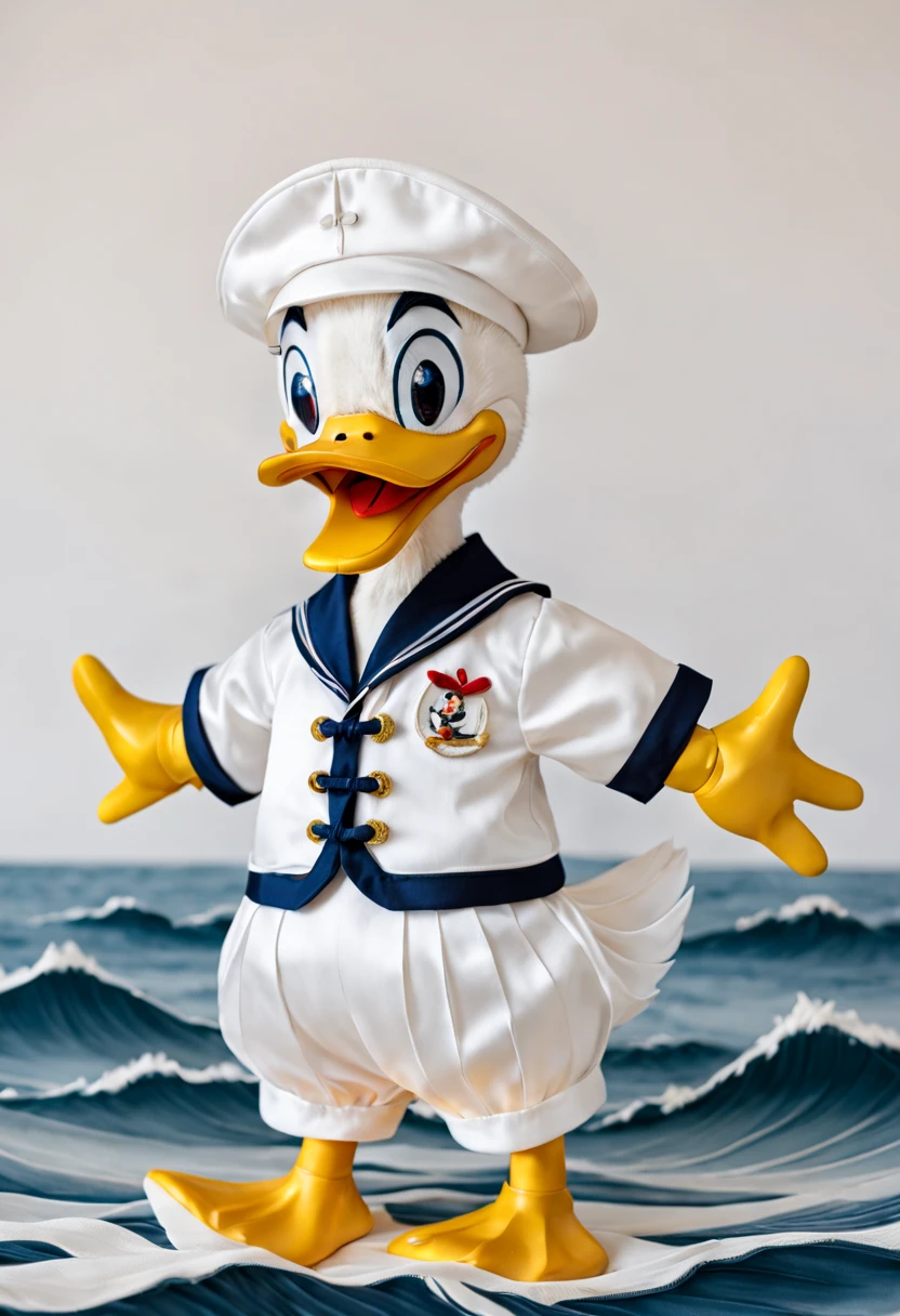 Embroidered Donald Duck Sailor Suit on Traditional Chinese White Silk