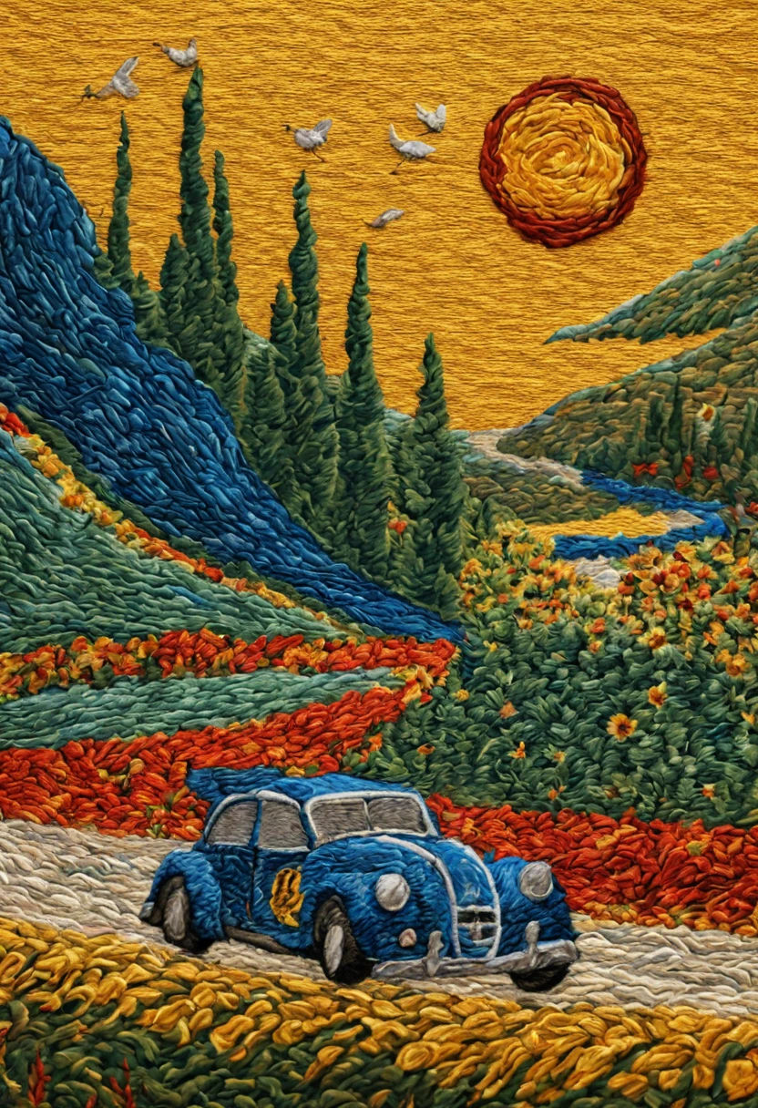 by van gogh, car race, (embroidery circle, 3d framed embroidery, macro detailed stitching, intricate fabric texture), (best quality, masterpiece, Representative work, official art, Professional, unity 8k wallpaper:1.3)