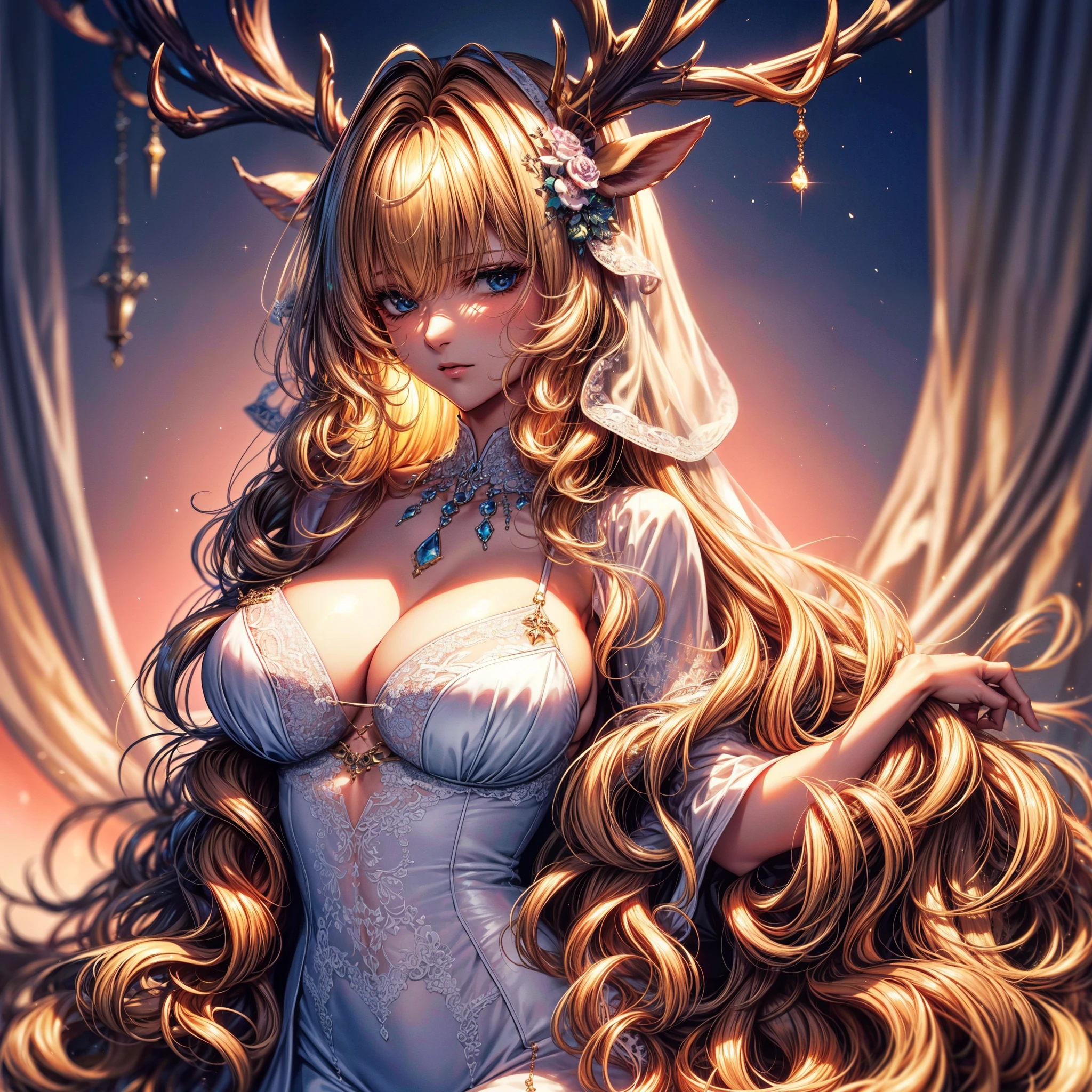 top-quality、tmasterpiece、Very high resolution、super high image quality、High-quality pixels)、perfect eyes, perfect face, solo,8K, large breast,(Detailed description of hair), (Detailed description of face),(Detailed description of body), fair and clear skin, matchless beauty, long legged, Long blonde curly hair details expressed, beautiful postures, romantic Atmosphere, Artistic interpretation, Delicate curls,Crystal diamond jewelry,Stunning intricate lingerie, Romantic illustration, The details have been upgraded,cleavage,reindeer horns,reindeer ears,opaque eyeball color