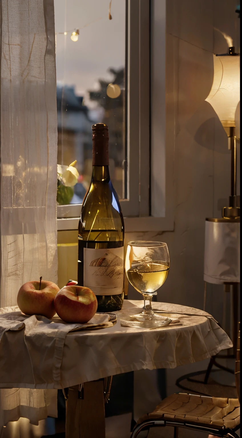 Close-up of the scene，scene capture，photore，tmasterpiece，There is a bottle of white wine on the table、Apples and peaches, Napkins and wine glasses, Window lighting , Background curtains, Still life impasto painting , Deep dark background, white wine label, festive atmosphere，c4d，Empty product display scene，Front view，first person perspective，Head-up shooting，Real-world scenarios，without humans