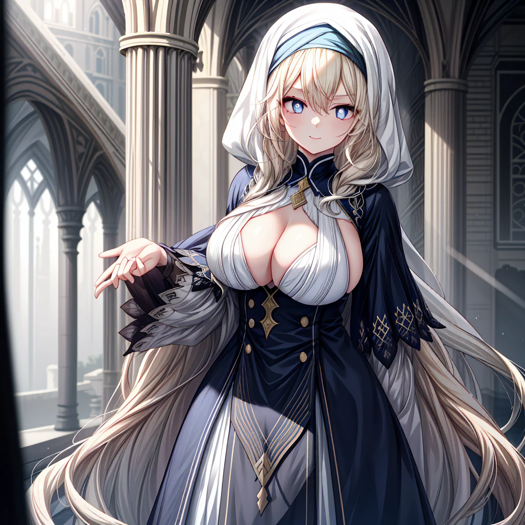 chies,one-girl,long white-blond hair,Blue pupils,hijabi sluty,Split Sister Dress,ssmile,Half open eyeeautiful skins,Glowing skin,Bigchest,moody light,and the sun was shining brightly,8k,hyper-detailing,tmasterpiece