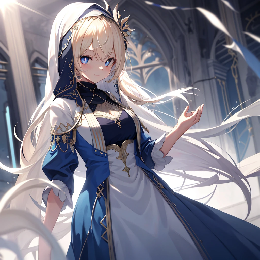 chies，one-girl，long white-blond hair，Blue pupils，hijabi sluty，Split Sister Dress，ssmile，Half open eyeeautiful skins，Glowing skin，Bigchest，moody light，and the sun was shining brightly，8k，hyper-detailing，tmasterpiece