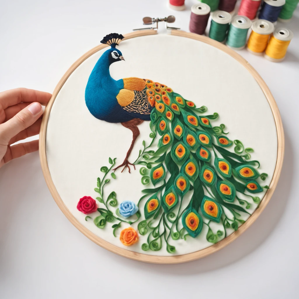 best quality, high resolution, (realistic: 1.37),(a hand-embroidered peacock:1.2), delicate stitches, exquisite details, beautifully crafted, precise stitching, vibrant color threads, fine fabric, depth of texture, shading subtle, artistic craftsmanship, labor of love, detailed patterns, meticulous attention to detail, traditional technique, cultural heritage, fine arts, skillful hands, needle and thread, embroidery hoop, sewing masterpiece, craft magic, artistic stitches, painting with thread, thread art, elegant design, complex motifs, embellished fabric, fine needlework, textile art, fabric manipulation, textual richness, visual texture, ornamental motifs, embroidery art, needlework elegance, creative expression, colorful thread palette, exquisite craftsmanship, fine needle craftsmanship, thread embroidery, precise thread strokes, needle and fabric transformation, vivid color embroidery, stunning embroidery art, passion for hand embroidery, the beauty of intricate hand-made stitches, expressive threads intertwined, embroidery storytelling, beautifully embroidered scenes, a world sewn with love, a touch of fine art on the fabric, the gift of patient hands (the needle and thread are the means to make art flower).