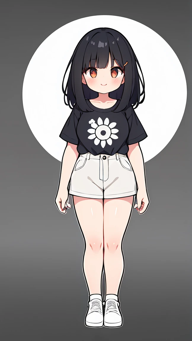 One girl with black hair, hair length until bust, straight hair, hair parted in center of head, round face. hairstyle with a center part, that the hair should be parted down the middle, creating a symmetrical look without any frontal hair covering the forehead. Looking straight. Looking straight at viewers. Smiling. Happy. Wearing casual shirt. Straight pose. Frontal view. Standing. Standing facing viewer. Full body