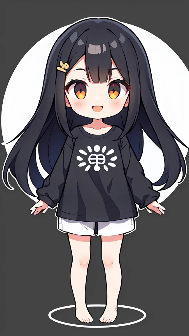 One girl with black hair, hair length until bust, straight hair, hair parted in center of head, round face. hairstyle with a center part, that the hair should be parted down the middle, creating a symmetrical look without any frontal hair covering the forehead. Looking straight. Looking straight at viewers. Smiling. Happy. Wearing casual shirt. Straight pose. Frontal view. Standing. Standing facing viewer. Full body