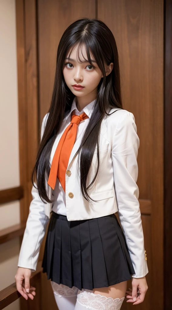 1Girl, Masterpiece, Best Quality, highs quality, Olga_animals, white_heads, orange_eyes, Long hair, Hair between eyes, Long sleeves, blazer, Red Ascot, one-piece, skirt, Pantyhose, Very long hair, cowboy shots,