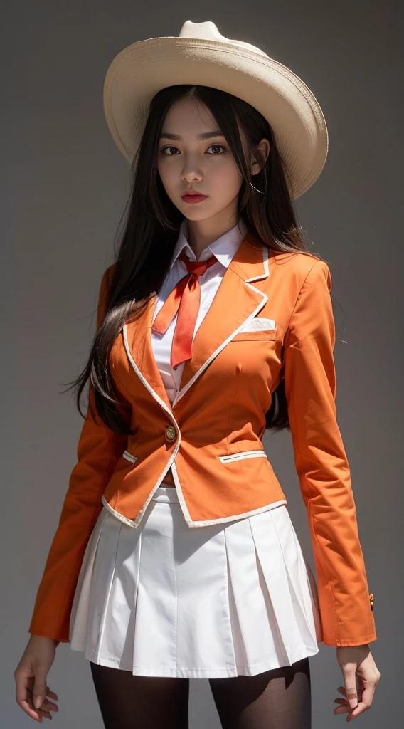 1Girl, Masterpiece, Best Quality, highs quality, Olga_animals, white_heads, orange_eyes, Long hair, Hair between eyes, Long sleeves, blazer, Red Ascot, one-piece, skirt, Pantyhose, Very long hair, cowboy shots,