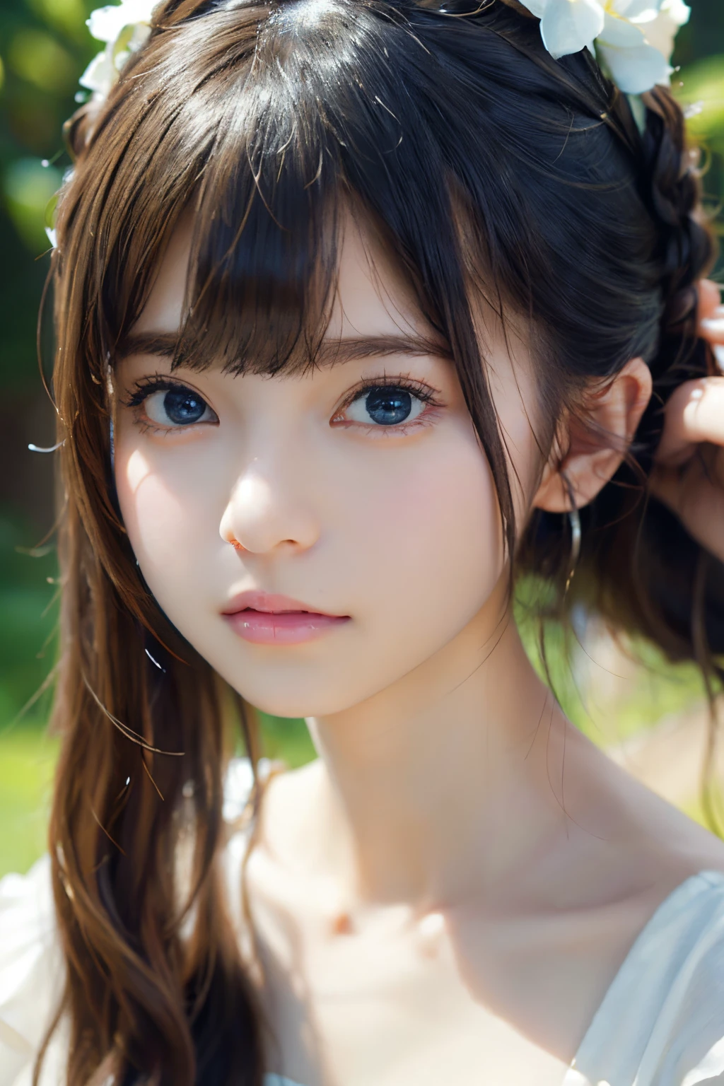 Image from chest up:1.6)、Close-up portrait of a girl wearing only white off-shoulder top dress and earrings, soft portrait shot 8 k, lovely delicate face, high-quality 4k portrait, high quality portrait, soft flawless pale skin, 8K highly detailed face, Beautiful delicate face, beautiful light big eyes, beautiful and realistic faces, Beautiful fece１８Year old girl, beautiful and realistic faces, cute little１８Year old girl