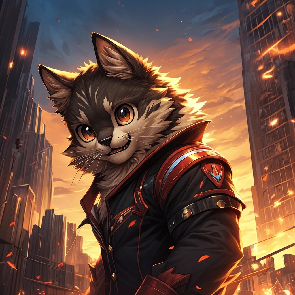 "A cute black furry kitty version of Captain America, (best quality, ultra-detailed), wearing a vibrant blue and red suit with a white star in the center, adorable round eyes with a determined look, a tiny black nose, and a cute little smile. The fur is extremely soft and fluffy, (realistic:1.37) with fine details on every whisker and paw. The colors are vivid and vibrant, with the suit shining in bright colors. The background is a cityscape with skyscrapers, suggesting Captain Kitty patrolling the city. The lighting is dramatic, with rays of sunlight casting shadows and creating depth. The overall artwork is in a semi-realistic art style, with attention to both the cute and heroic aspects of Captain Kitty."