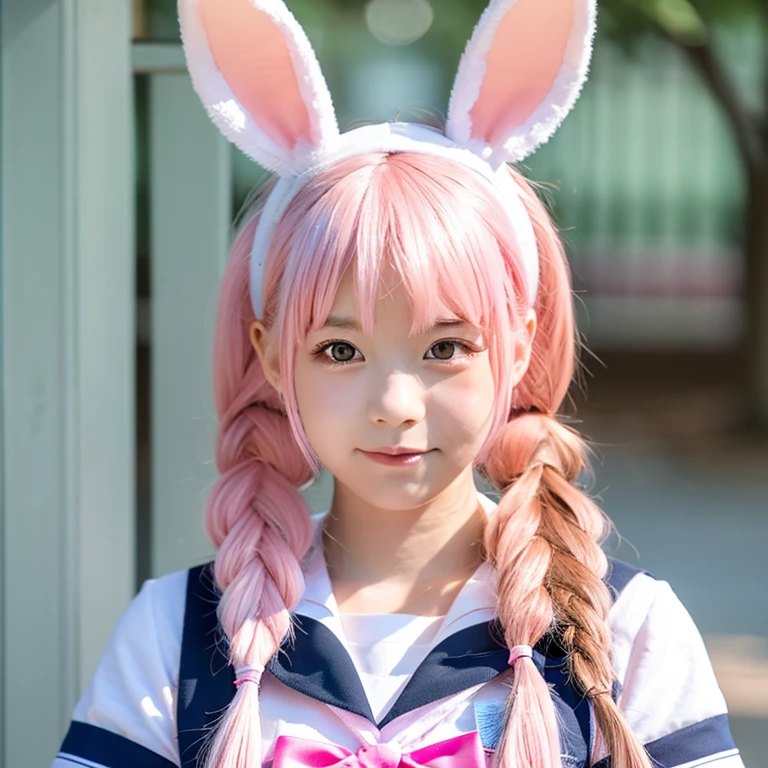 A girl with pink hair in twintails, bunny ears, and a sailor uniform, facing the front.