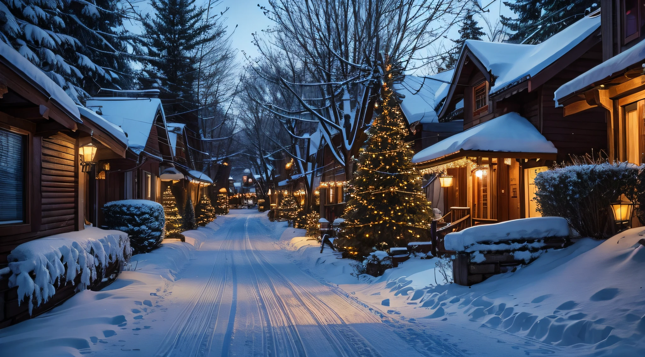 Generate an image of a serene town named Evergreen Hollow with snow-covered streets and houses adorned with holiday lights.