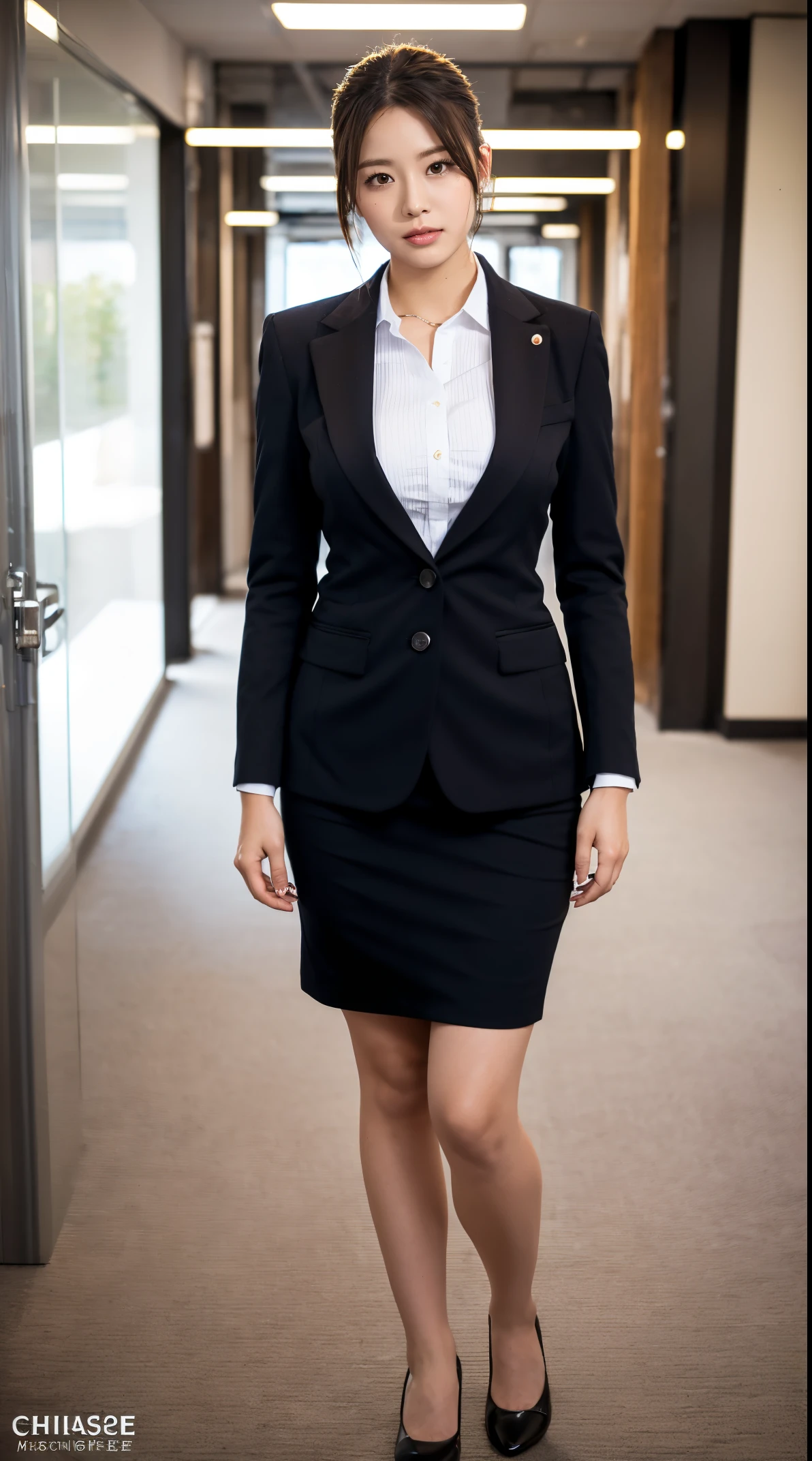 (masutepiece,High quality:1.3),(depth of fields:1.3) ,((front body:1.35)), Japanese ,beautiful woman,Chignon,Black business suit,collared shirt, business skirt,Huge breasts,(Looking at Viewer:1.3),(Full body:1.1),office
