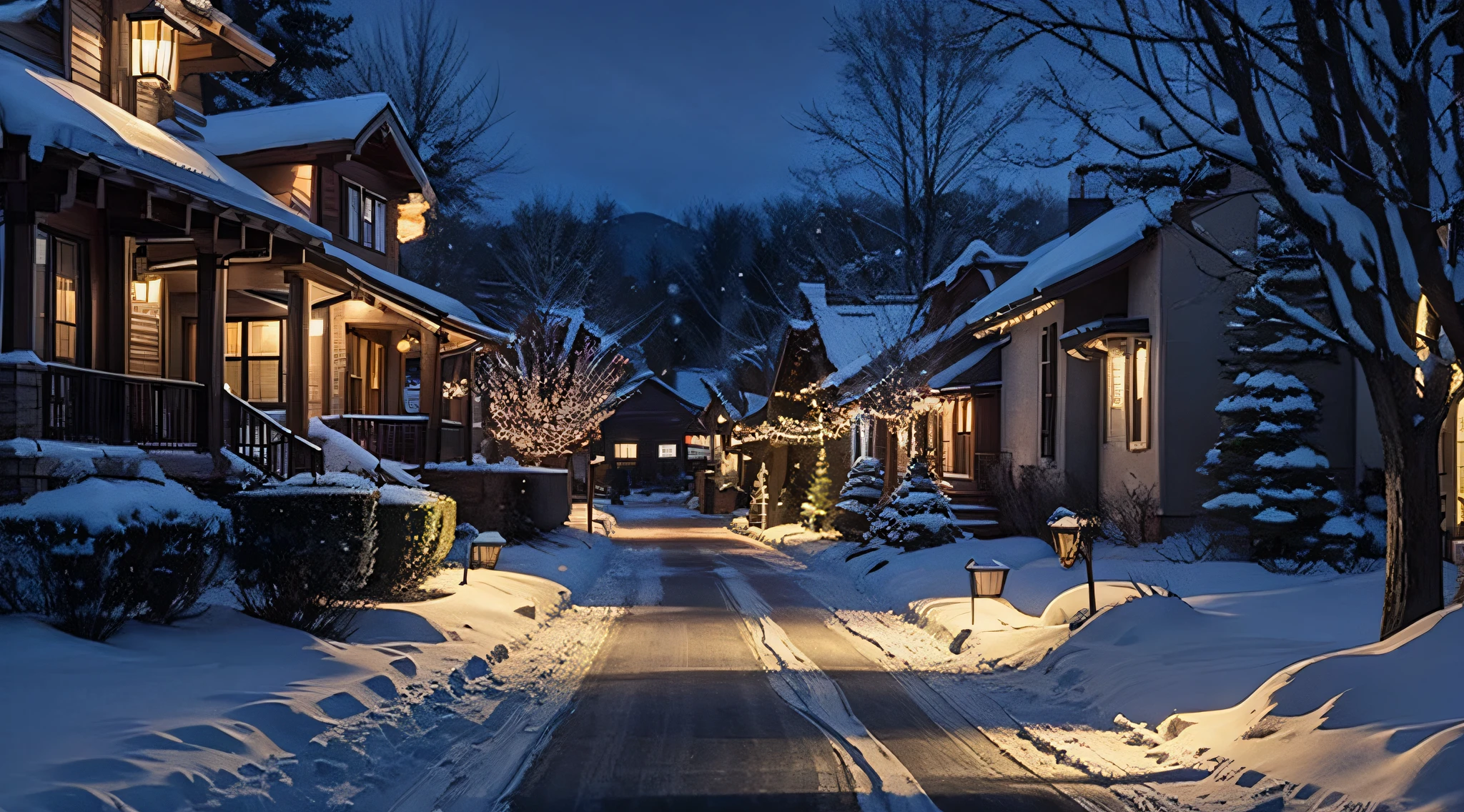 Generate an image of a serene town named Evergreen Hollow with snow-covered streets and houses adorned with holiday lights.