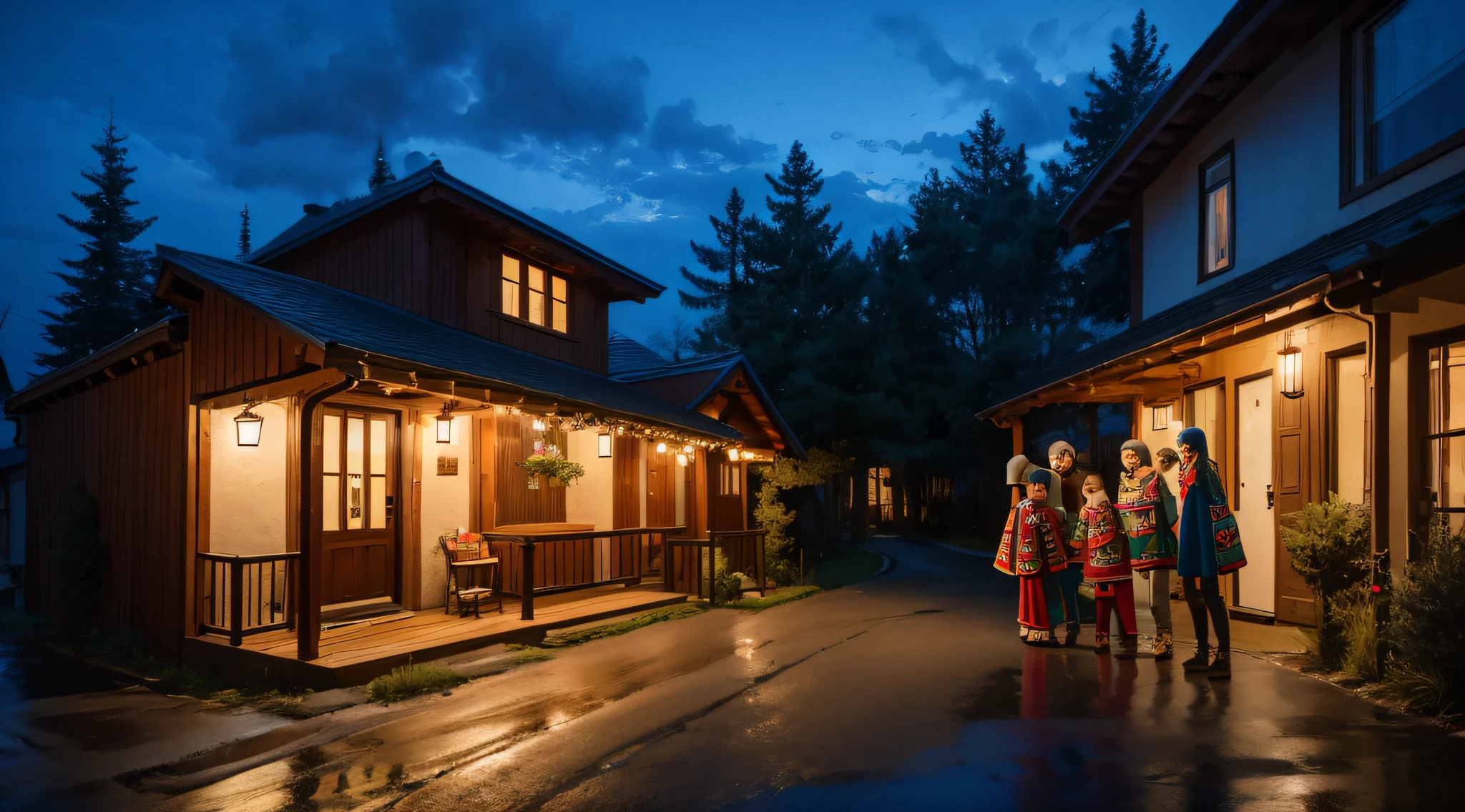 Create a visual representation of four kids—Tommy, Jenny, Alex, and Lily—dressed in festive sweaters, carrying lanterns, and standing together in front of a warmly lit house.