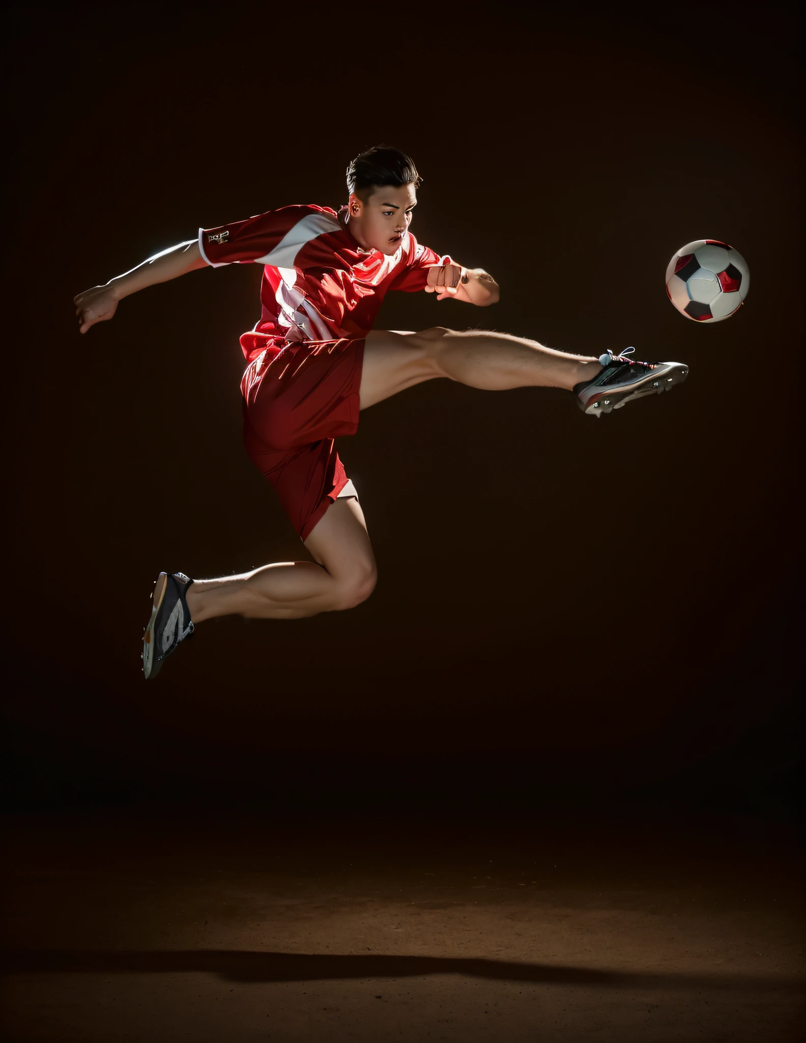 ((Best quality, 8K, tmasterpiece :1.3)), Focus sharp :1.2,Brunette male athlete wearing football uniform,Full body like,this is it,play soccer,soccer court,Dark red tones,original style,The shoes are consistent from left to right,Socks consistent from left to right,high saturated,solid color backdrop