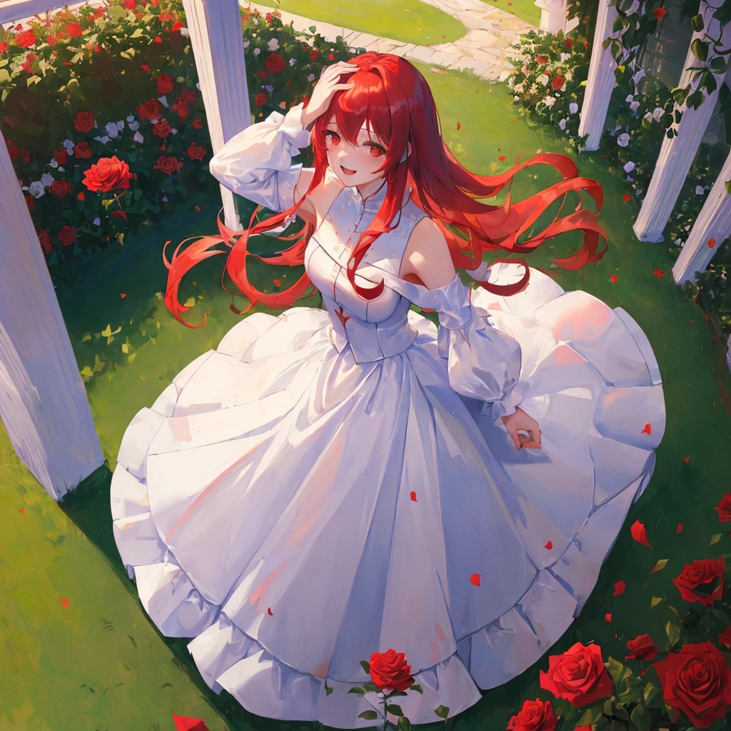 happy,(((masterpiece))),best quality,full body,white Tailored fit dress,(((Hair length to the shoulders))),from above,red long hair, (1 girl),hand in own hair,rose garden,wind,red eye,looking up